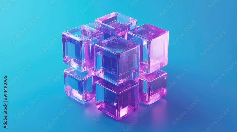 3D vector design featuring a holographic cube with purple crystal blocks, isolated on a blue background for a striking and modern illustration. 3D vector design featuring a holographic cube with purple crystal blocks, isolated on a blue background for a striking and modern illustration.