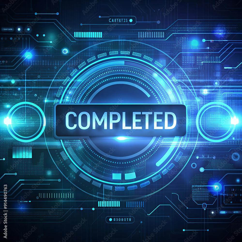 Completed text with digital futuristic interface, glowing blue technology Completed text with digital futuristic interface, glowing blue technology