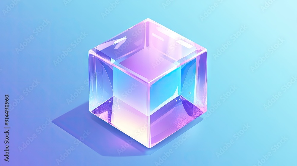 Abstract 3D holographic cube with purple crystal block textures, isolated on a blue background, perfect for futuristic vector illustrations.