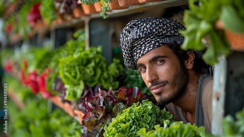 Diverse group of Middle Eastern farmers utilizing hydroponic towers for lettuce cultivation in arid regions near Riyadh Saudi Arabia showcasing innovative watersaving techniques photo