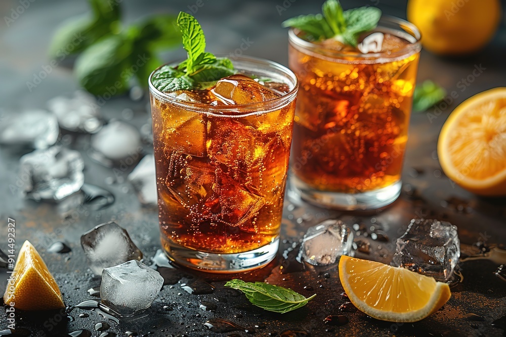 Cuba Libre or long island iced tea cocktail with strong drinks, cola, lime and ice in glass Cuba Libre or long island iced tea cocktail with strong drinks, cola, lime and ice in glass