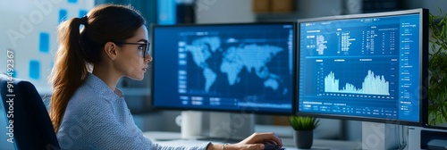 Focused businesswoman analyzing data charts on dual monitors in office setting, concept of analytics