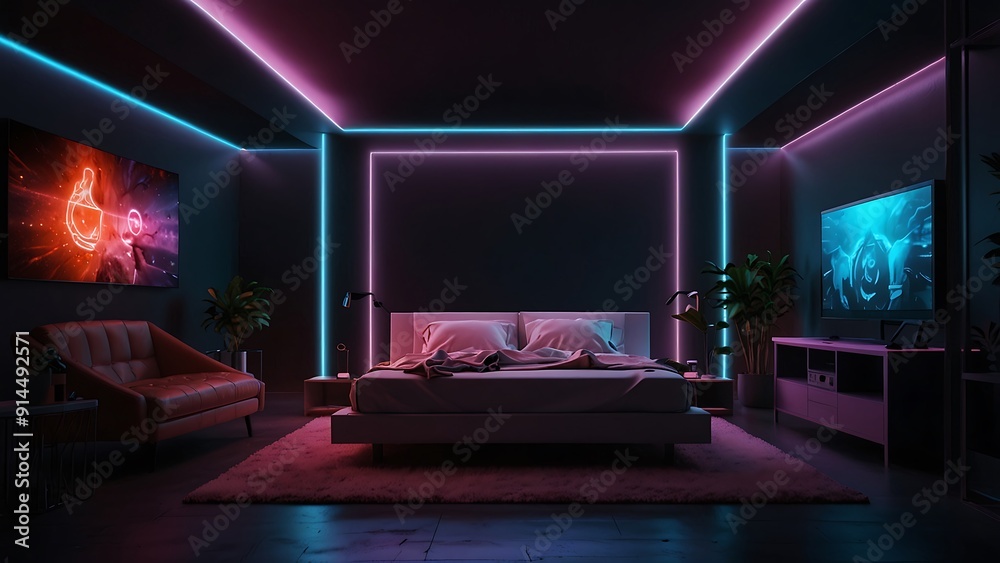 Robotic gamer room with colorful neon lights Robotic gamer room with colorful neon lights