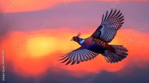 Dramatic silhouette of pheasant midflight against backdrop of colorful sunset sky outstretched wing streamlined form creating striking contrast against vibrant hue of twilight Keywords pheasant photo