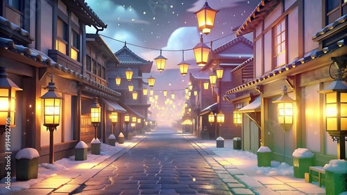 Tranquil Winter Night in Traditional Japanese Village with Lanterns photo