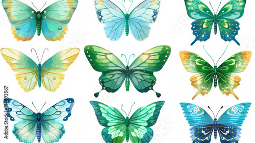 set of colorful butterflies isolated on white background