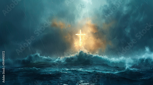 Glowing cross amidst stormy ocean waves faith hope religion christianity jesus christ god spiritual storm waves sea ocean water dark moody dramatic light divine power nature elements inspiration