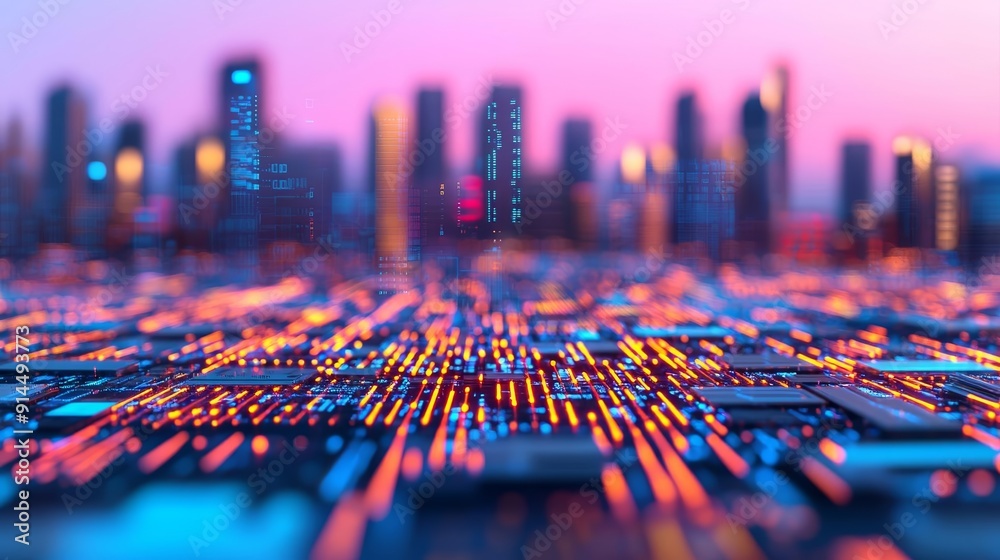 Fototapeta premium High-tech city with virtual real estate data, property investments, digital innovation
