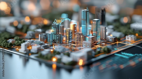 Futuristic urban landscape with digital property charts, real estate investments, tech advancements
