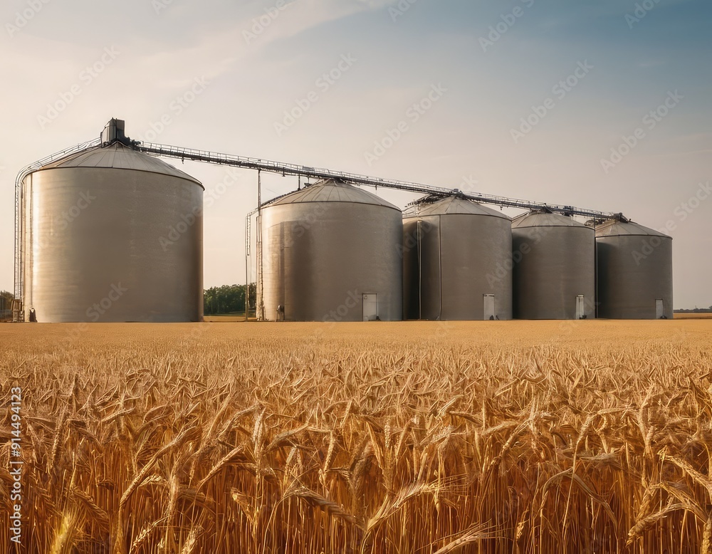 Grain elevator and agricultural storage. Containers silos storing agriculture crop in countryside.