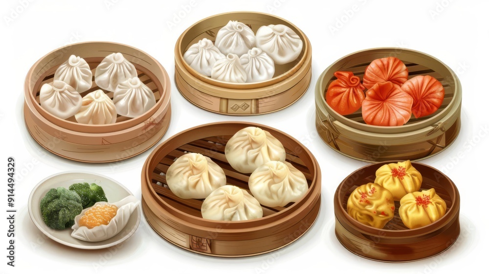 Chinese dim sum, variety of dumplings, realistic illustration, isolated on white background Chinese dim sum, variety of dumplings, realistic illustration, isolated on white background