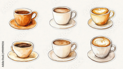 Hand-painted watercolor illustrations of various coffee cups, showcasing different types of coffee drinks in artistic style. 