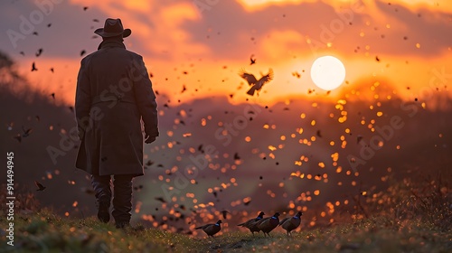 Flock of pheasant picturesque countryside setting fostering harmonious relationship between human wildlife while supporting conservation of beautiful bird Keywords farmer photo