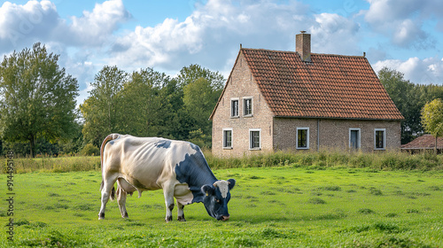 Pastoral Scene with Grazing Cow Near Traditional Farmhouse