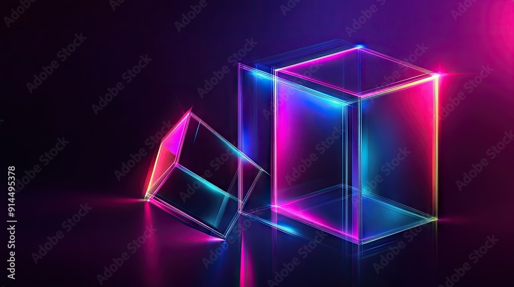 Abstract vector illustration of a cube, rectangular cuboid, and pyramid prism in neon holographic colors, ideal for science or technology cover design.