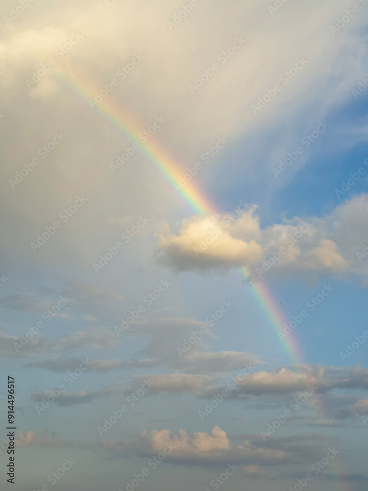 Beautiful rainbow in the sky over clouds. Vertical view. Beautiful rainbow in the sky over clouds. Vertical view.