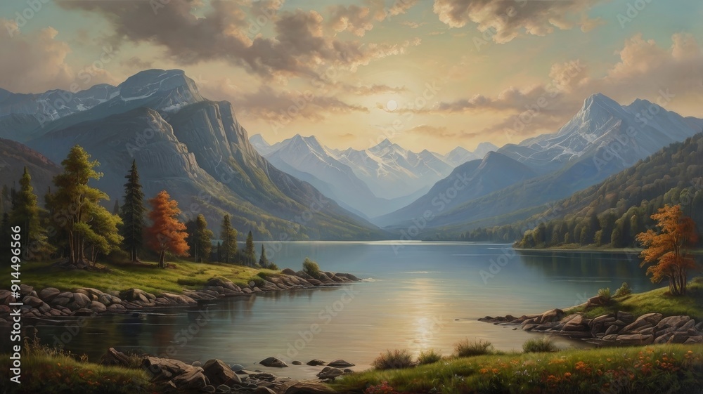 Fototapeta premium Tranquil Mountain Lake at Sunset