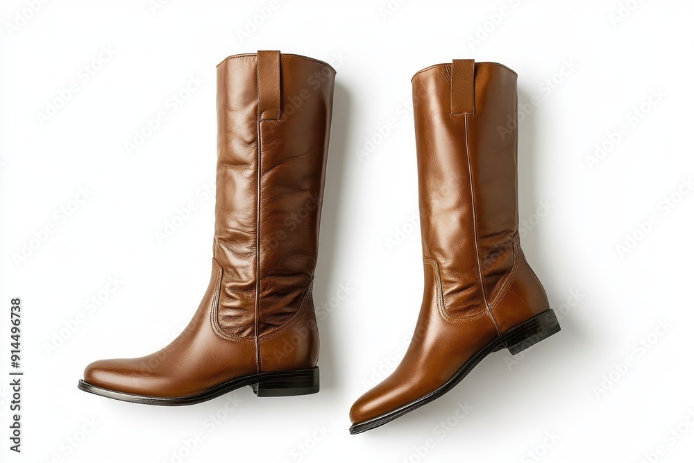 Two brown leather knee-high boots side by side on a white background Two brown leather knee-high boots side by side on a white background