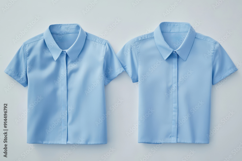 Two light blue short-sleeve shirts on light background in studio setting Two light blue short-sleeve shirts on light background in studio setting