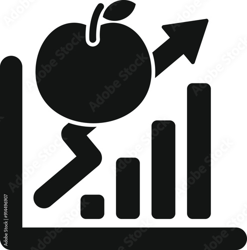 Black and white icon of a growing apple on an increasing bar chart symbolizing profitable business