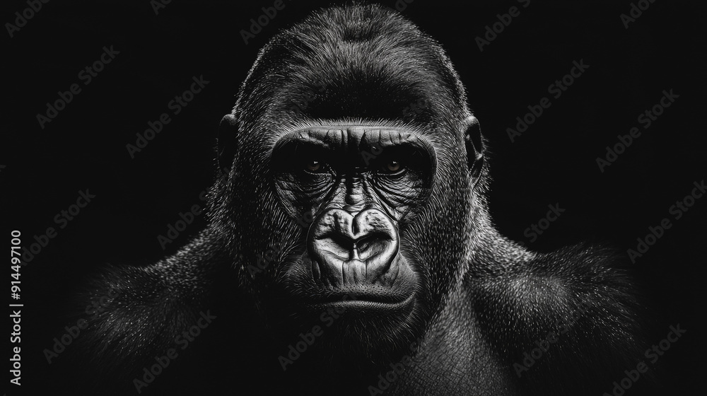 Obraz premium Intense Gaze: Detailed Black and White Gorilla Portrait. Generative AI