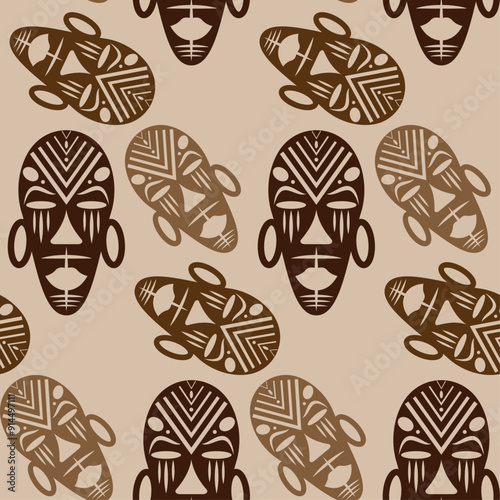 Seamless African background, ethnic tribal mask pattern, Primitive ritual masks of savages. Texture of vintage Afro Art design. Aztec Indian Maya Mexican traditional native culture in brown color