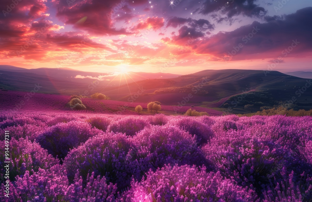 Lavender Field at Sunset with Starry Sky Lavender Field at Sunset with Starry Sky