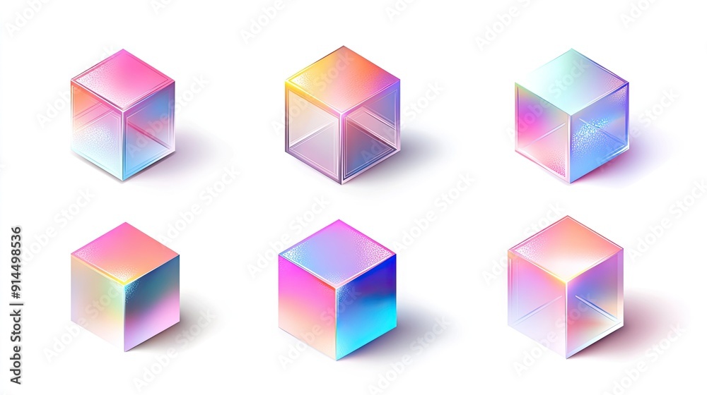 Collection of 3D geometric cubes with varied holographic gradient shades, isolated on white, for a modern and realistic vector design. Collection of 3D geometric cubes with varied holographic gradient shades, isolated on white, for a modern and realistic vector design.