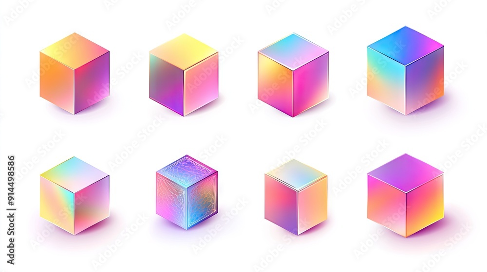 Collection of geometric 3D cubes with holographic gradient color effects, isolated on white, offering a sleek and realistic vector design. Collection of geometric 3D cubes with holographic gradient color effects, isolated on white, offering a sleek and realistic vector design.