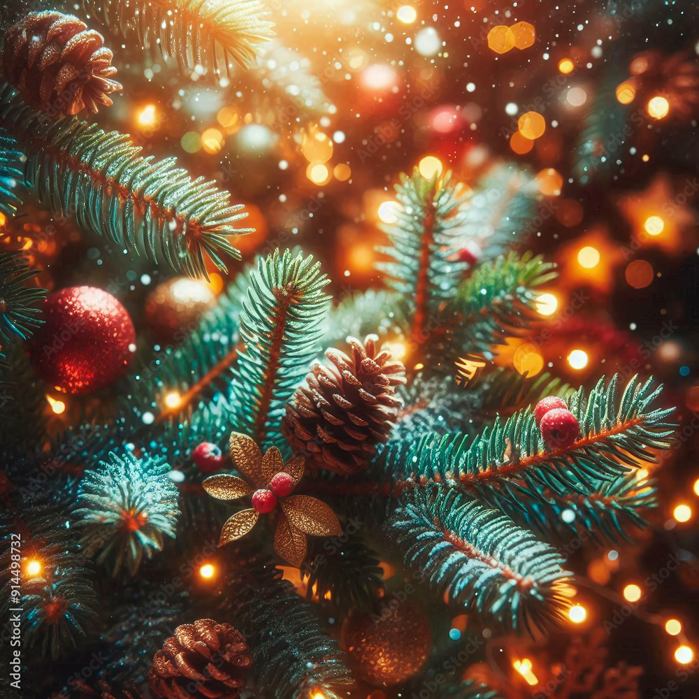 Christmas background with red balls and fir tree branches on bokeh background Christmas background with red balls and fir tree branches on bokeh background