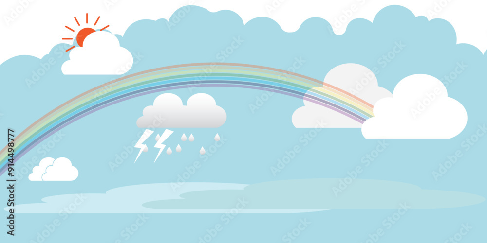 Rainbow and clouds background. Sky background, landscape template. Cloudy sky with rainbow. Blue space background with rainbow and cloud. Universe background design. Rainbow and clouds background. Sky background, landscape template. Cloudy sky with rainbow. Blue space background with rainbow and cloud. Universe background design.