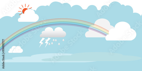 Rainbow and clouds background. Sky background, landscape template. Cloudy sky with rainbow. Blue space background with rainbow and cloud. Universe background design. 