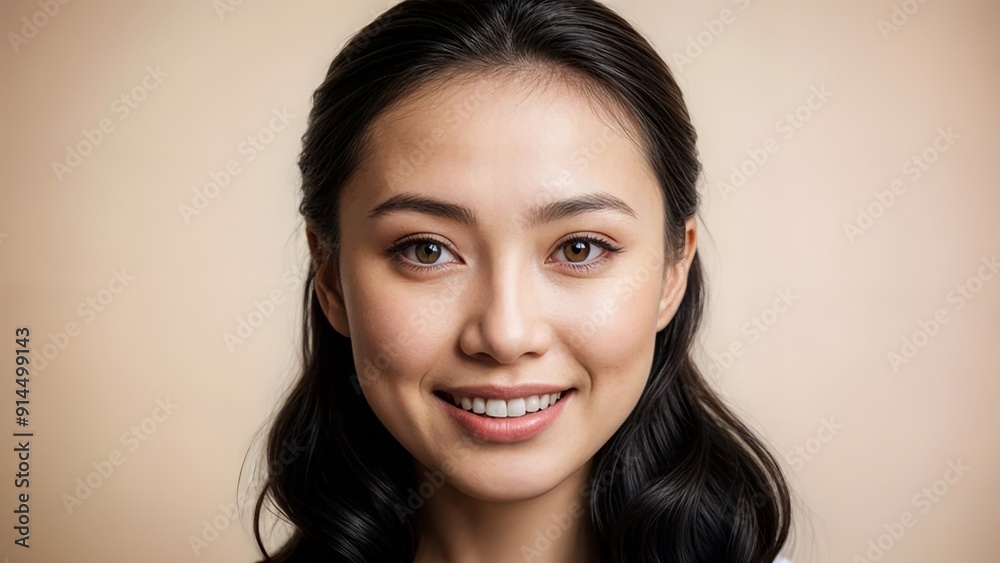 portrait of an asian woman with dark hair, hazel eyes and wide smile portrait of an asian woman with dark hair, hazel eyes and wide smile