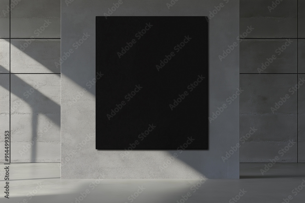 A black vertical canvas on a grey wall in a minimalistic room with sunlight casting shadows, suitable for mockup purposes. A black vertical canvas on a grey wall in a minimalistic room with sunlight casting shadows, suitable for mockup purposes.