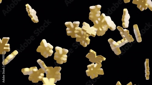 Golden yen signs falling on transparent background. Seamless looping animation.