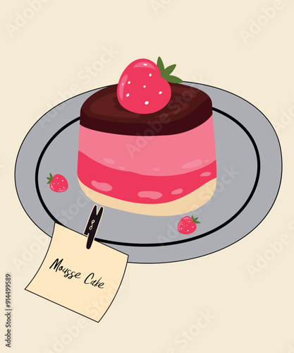 Cute Illustration with Strawberry Mousse Cake Taste