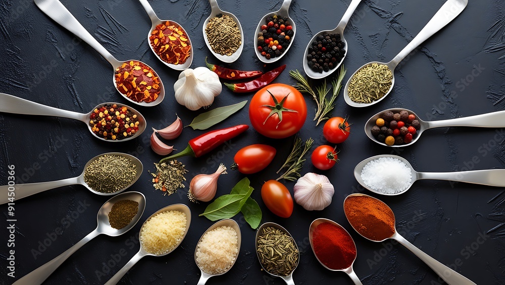 top-down photograph featuring an array of culinary spices and ingredients arranged in a circular layout on a dark, textured background. top-down photograph featuring an array of culinary spices and ingredients arranged in a circular layout on a dark, textured background.