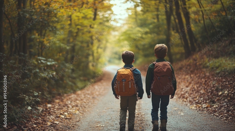 Fototapeta premium Two Boys Hiking Through Autumn Forest