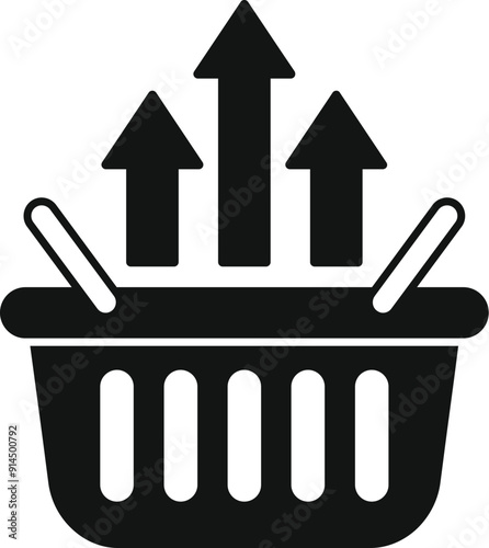 Black silhouette of a shopping basket with three arrows pointing up, representing increasing sales