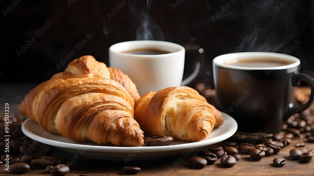 A steaming cup of coffee sits next to a flaky croissant, the perfect breakfast combination for a cozy morning. A steaming cup of coffee sits next to a flaky croissant, the perfect breakfast combination for a cozy morning.