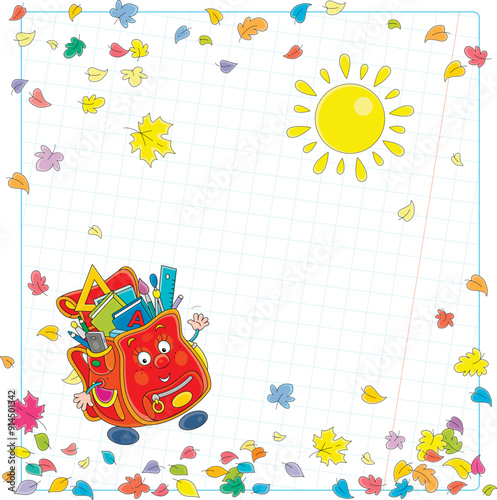 School background with a funny cartoonish schoolbag waving in greeting among colorful autumn leaves on the first of September before start of classes, vector cartoon illustration