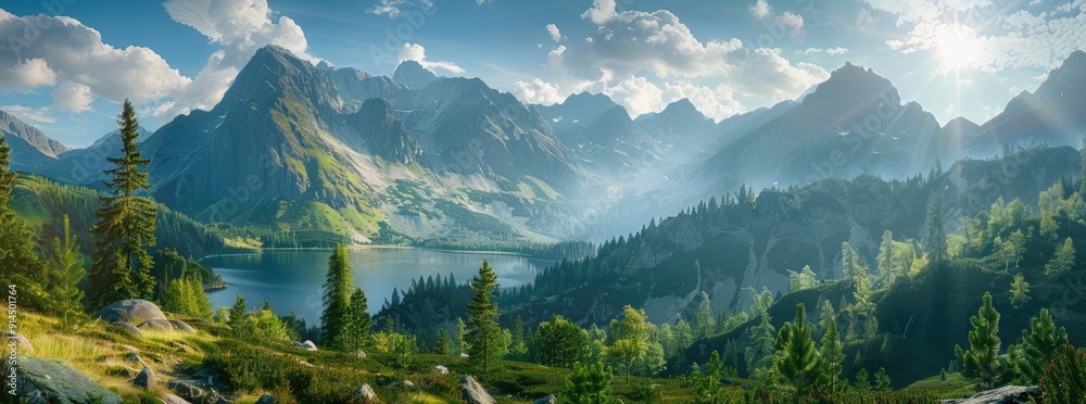 Naklejka premium Mountain Lake Landscape With Sunrays