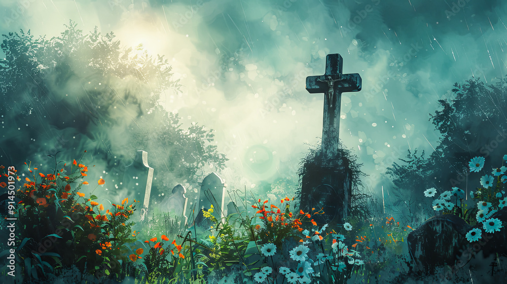Fototapeta premium Graveyard with flowers at rainy night digital art illustration concept art spooky atmosphere death gothic cemetery horror halloween