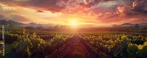 Stunning sunset over a vineyard, 4K hyperrealistic photo