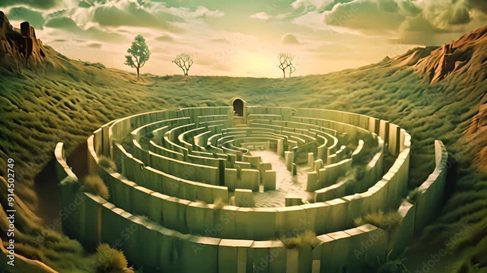 Surreal labyrinth concept with magic maze and ancient pathway Surreal labyrinth concept with magic maze and ancient pathway