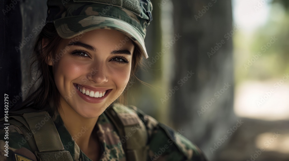 A female soldier in camouflage smiles confidently, her uniform signifying her sexy strength and pretty resilience in military security A female soldier in camouflage smiles confidently, her uniform signifying her sexy strength and pretty resilience in military security