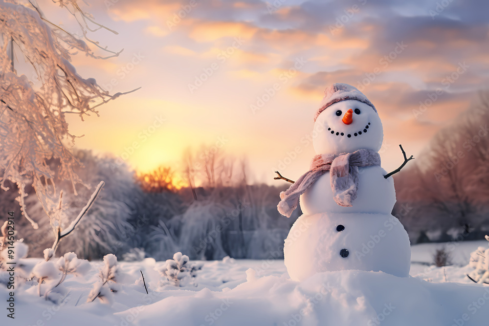 Obraz premium A snowman stands in the snowy landscape.