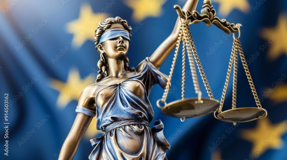 A majestic statue of Lady Justice holding her scales, against the beautiful backdrop of the EU flag A majestic statue of Lady Justice holding her scales, against the beautiful backdrop of the EU flag