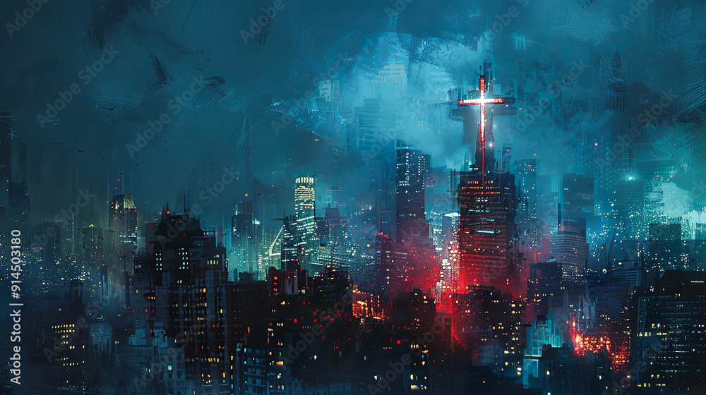 Obraz premium Dark cyberpunk city glowing neon lights apocalyptic scene futuristic city dystopian future digital art concept art science fiction