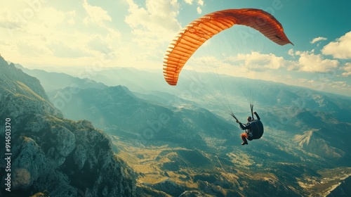 Adventurous man is soaring through the sky while riding a parachute in an exhilarating display of extreme sports photo